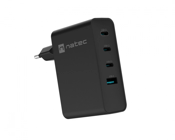 Natec Ribera GaN USB-laddare - 3x USB-C & 1x USB-A - 100W - Svart