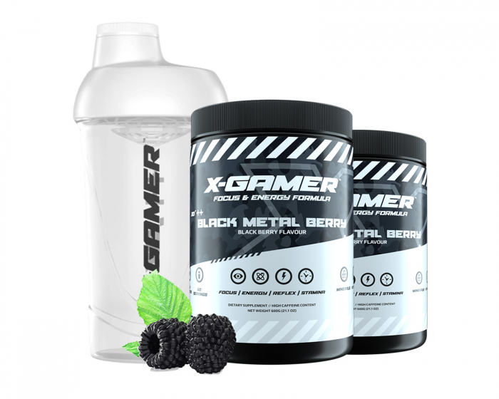 X-Gamer 2 x 600g X-Tubz HOFFA Svart Metal Berry- 60 Portioner + Shaker